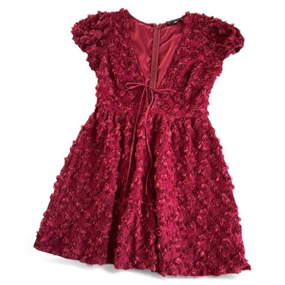 Lulus Elegant Delight Wine Red 3D Floral Lace Puff Sleeve Mini Dress Size Medium - Picture 1 of 9
